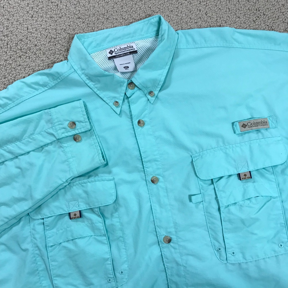 Columbia PFG Bahama II Fishing Shirt Mens XXL Aqua Blue L/S UPF 30 FM7048